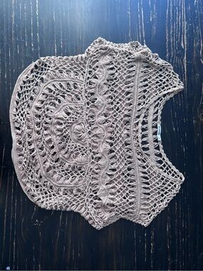 Stradivarius Beige Taupe Crochet Fringe Top